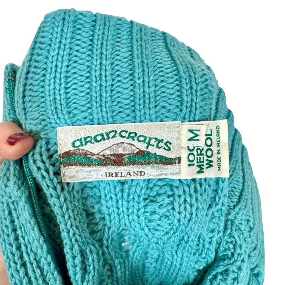 Aran Crafts 100% Merino Wool Turquoise Cable Knit 1/4 Zip Turtleneck Sweater
